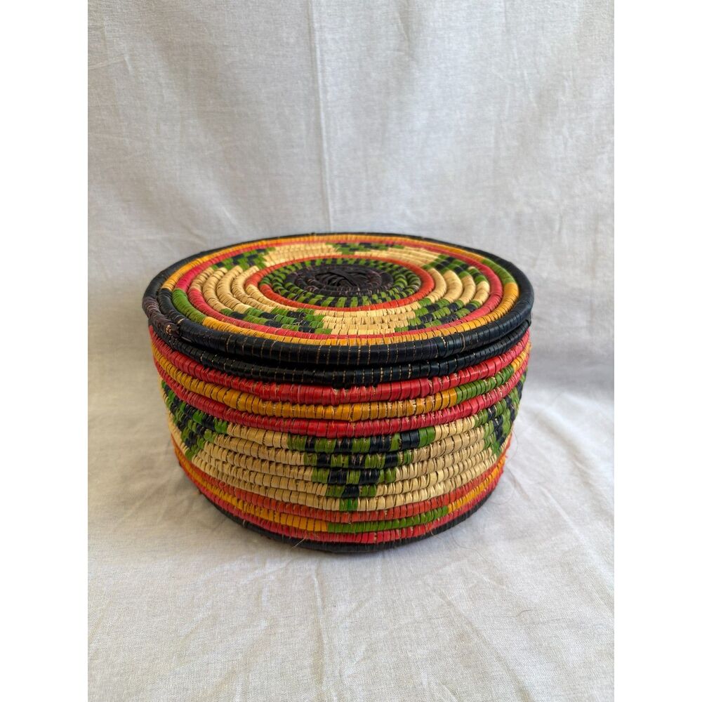 Handmade African Coiled Lidded Basket Colorful Woven Folk Art